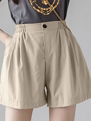 Solid Elastic Waist Button Pocket Casual Shorts 