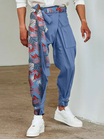 Palm Print Spliced Patchwork Belted Pants