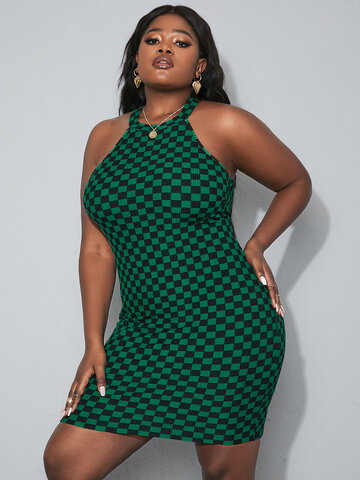 Plus Size Green Halter Plaid Slip Dress