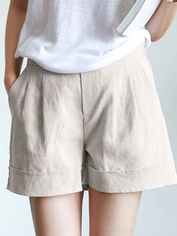 Solid Elastic Waist Pocket Casual Shorts For Women 