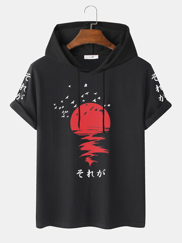 Red Sun Print Hooded T-Shirts