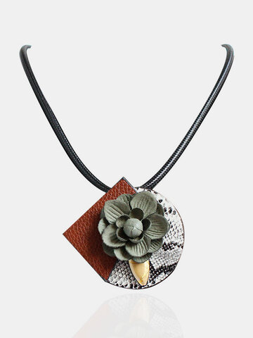 Sweet Trendy Necklace Leather Flower Brooch Necklace