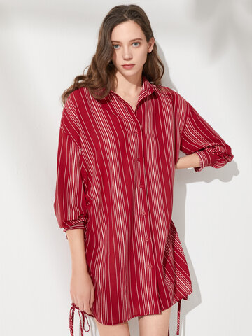 Stripe Print Drawstring Shirt Dress