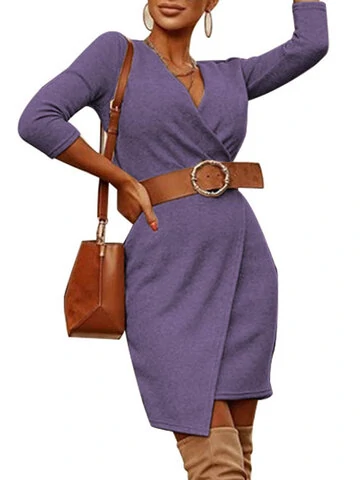 Solid Color V-neck Long Sleeve Casual Dress