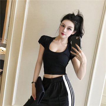 

Sports Wind Short-sleeved Women's New Self-cultivation Wild Short Paragraph Large U Collar Exposed Navel Bottoming T-shirt Shirt Female Tide