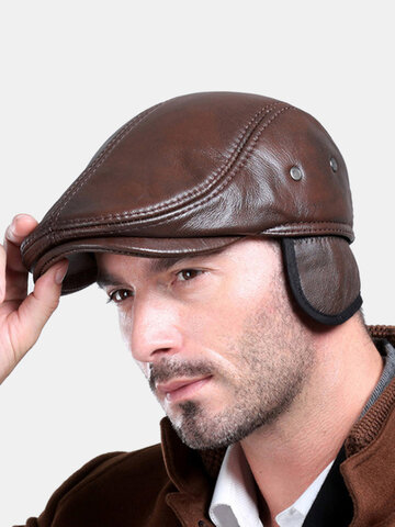 Men Genuine Cowhide With Ear Flaps Beret Hats