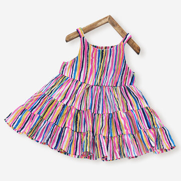 Girl's Colorful Striped Print Dress For 3-10Y