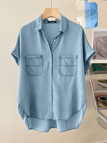 Джинсовая блузка с высоким и низким карманом