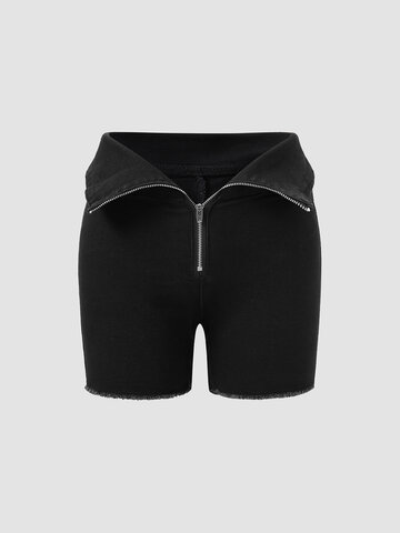 Solid Zip Front Denim Shorts