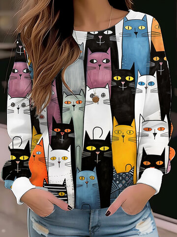 T-shirt con stampa di gatti cartoon all-over
