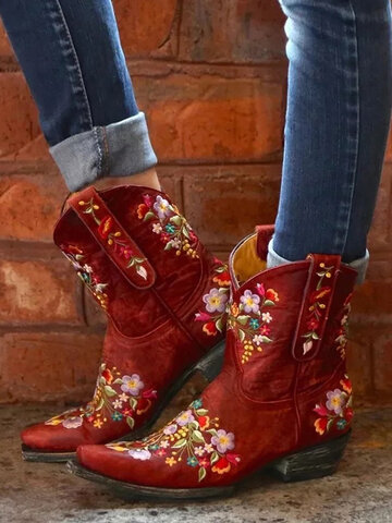 Retro Embroidered Slip On Cowboy Boots