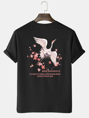 Crane Floral Letter Back Print T-Shirts