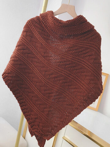 Women Knitted Solid Striped Triangle Shawl