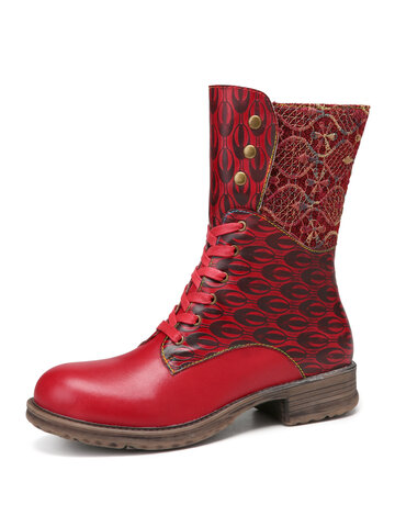 SOCOFY Printed Cowhide Leather Stitching Embroidered Short Boots