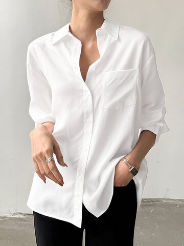 Solid Button Front Pocket Shirt