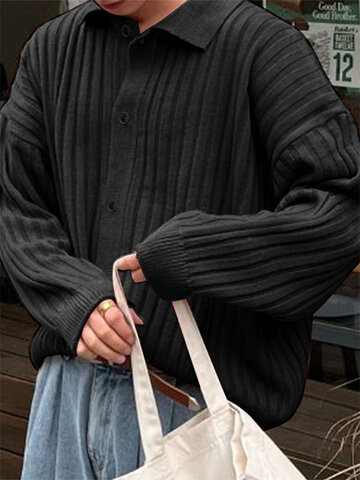 Solid Rib-Knit Long Sleeve Shirt