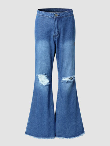بنطال جينز ممزق واسع الساق من قماش الدنيم