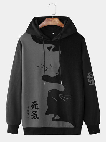 Hoodies contrastantes com estampa de gato japonês