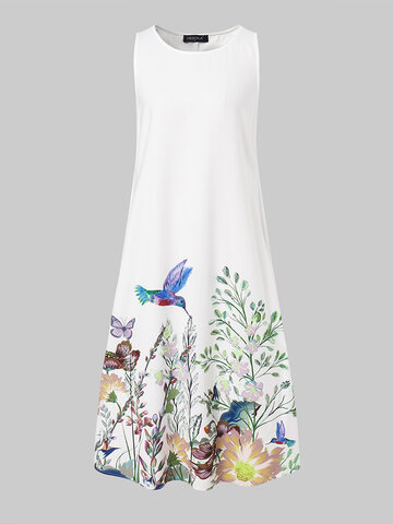Plants Bird Print Casual Dress