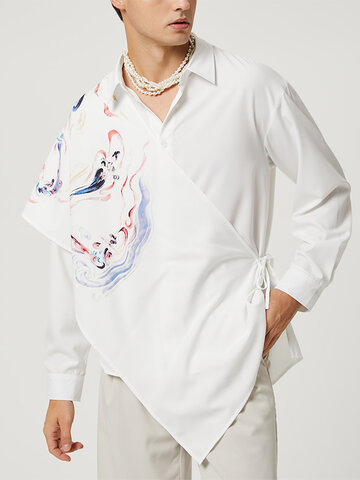 Chinese Style Print Tie-Up Shawl Shirt