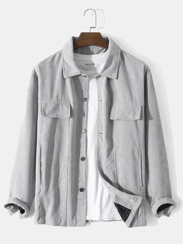 Men’s Corduroy Solid Color Button Front Loose Cargo Style Shirt Jacket