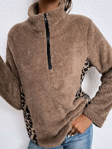 Leopard Stitch Zip Front Lapel Long Sleeve Sweatsh