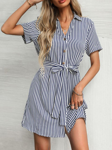 Stripe Print Tie-up Shirt Dress