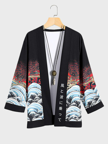 Japanischer Kimono mit Wellen-Ukiyoe-Print