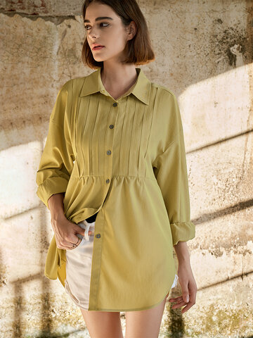 Solid Button Front Pleated Shirt