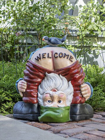 Natica divertente Benvenuto Pantaloni Off Gnome Nano con statua di uccello Decorazione per porta d'ingresso del prato del giardino in resina