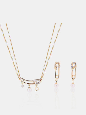 Cute Jewelry Set Brooch Pearl Rhinestone Earrings Necklace Set