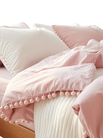 Wihte Pink Bedding Sets With Washed Ball Decorative Microfiber Fabric Queen King Duvet Cover Pillowcase Comfortable