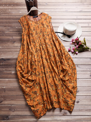 

Printed Baggy Pockets O-neck Summer Dresses, Red yellow apricot