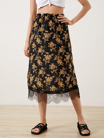 Flower Print Lace Slit Skirt
