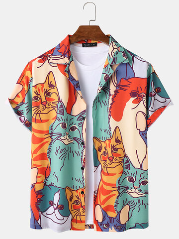 Camisas casuais com estampa de gato multicoloridas
