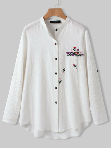 Floral Embroidery Long Sleeve Stand Collar Asymmetrical Blouse For Women