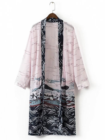 

Casual Waves Printed Long Sleeves Chiffon Cardigans For Women, As picture