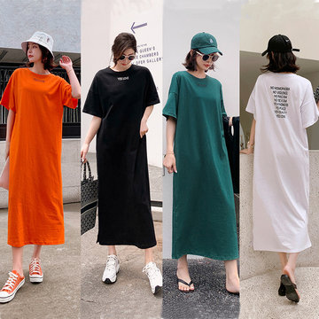 

European And American Style Short-sleeved Loose Dress Season New Hong Kong-flavored Large Size Women's T-shirt Print Dress