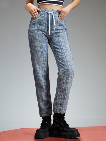 Elastic Waist Pocket Denim Jeans