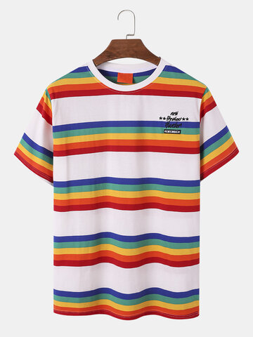 Letter Embroidered Rainbow Striped T-Shirts