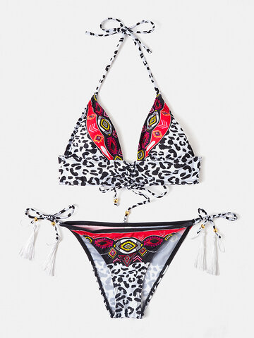 Leopard Print Triangle Halter Bikinis