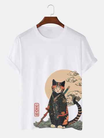 تي شيرت بطبعة قطة الموجة اليابانية
