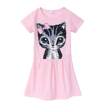 

Cat Pattern Kids Girls Short Sleeve O-neck Summer Casual Cotton Dress For 3Y-11Y, Pink grey