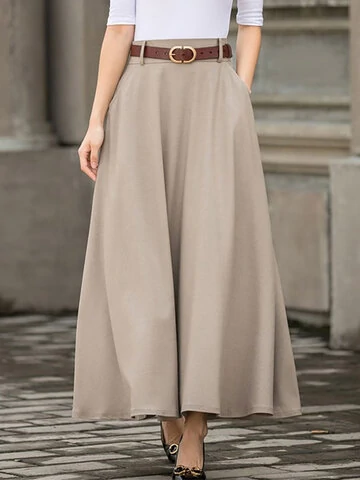 Solid Pocket Sash A-Line Casual Maxi Skirt