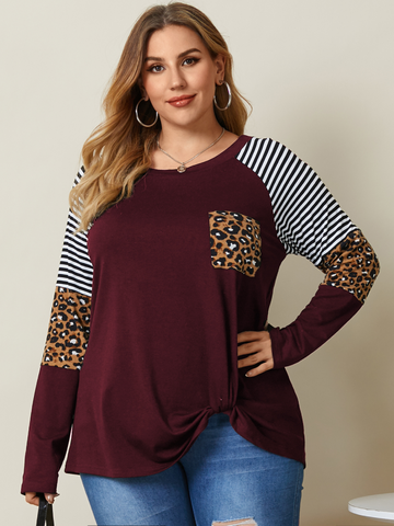 Leopard Striped Print O-neck Long Sleeve Plus Size Pocket T-shirt