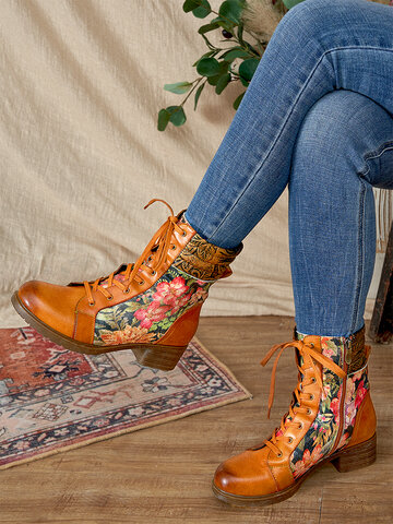 Socofy Floral Comfy Suede Short Boots