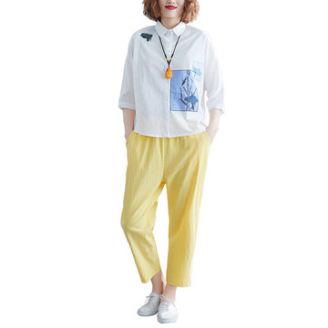 

Cotton And Linen Suit Female New Literary Temperament Five-point Sleeve Printing Shirt + Nine Points Harem Pants Casual Two-piece