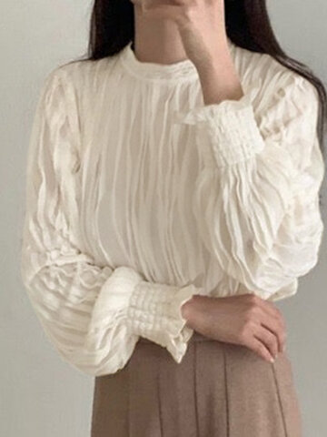 Solid Textured Lace Shirred Blouse