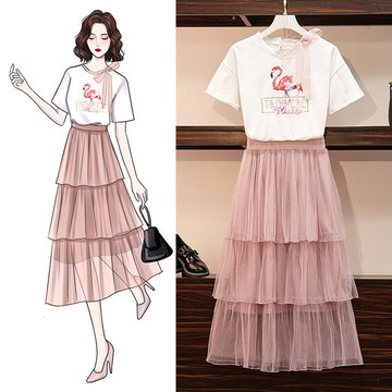 

The New Fairy Beauty Gentle Rainbow Color Two-piece Suit Sequin Animal Cotton T-shirt Long Section Half-length Mesh Skirt
