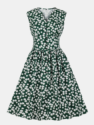 Floral Print V-neck Sleeveless Dress